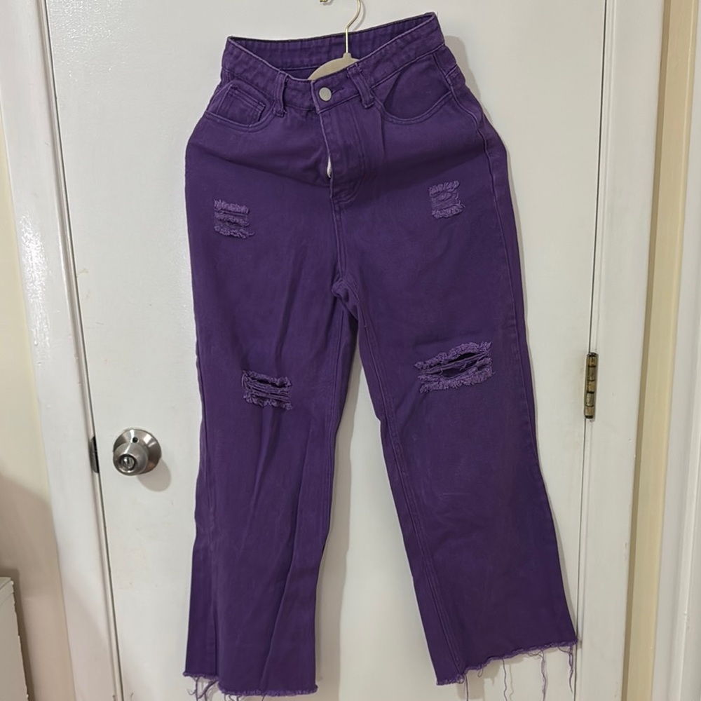 SHEIN Purple Straight Leg Jeans with Distressed Details